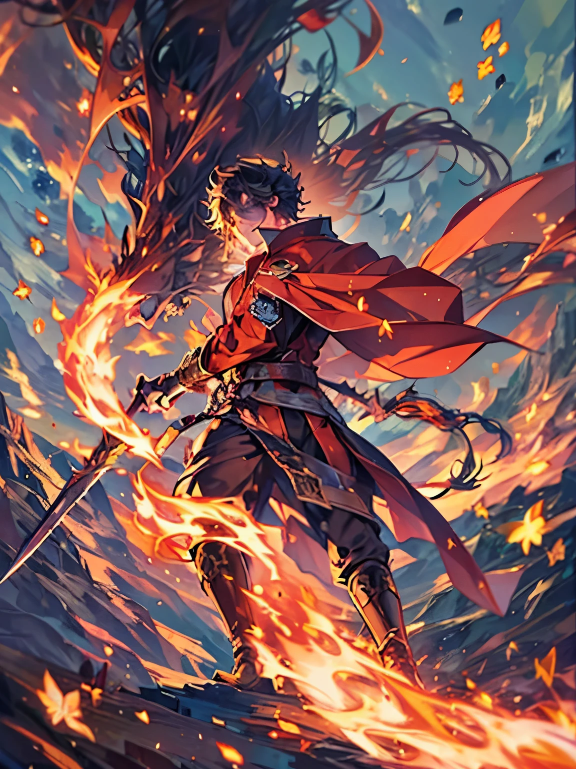 (One boy,alone),whole body, Slope_background, ((combustion,Fire breathing, explosion,Burning tail)), Torn clothes,Cape,horn,Holding_sword, 