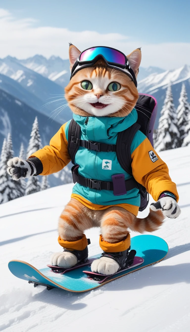 A cat wearing snowboarding gear is riding a snowboard down a snowy mountain. The cat is smiling.