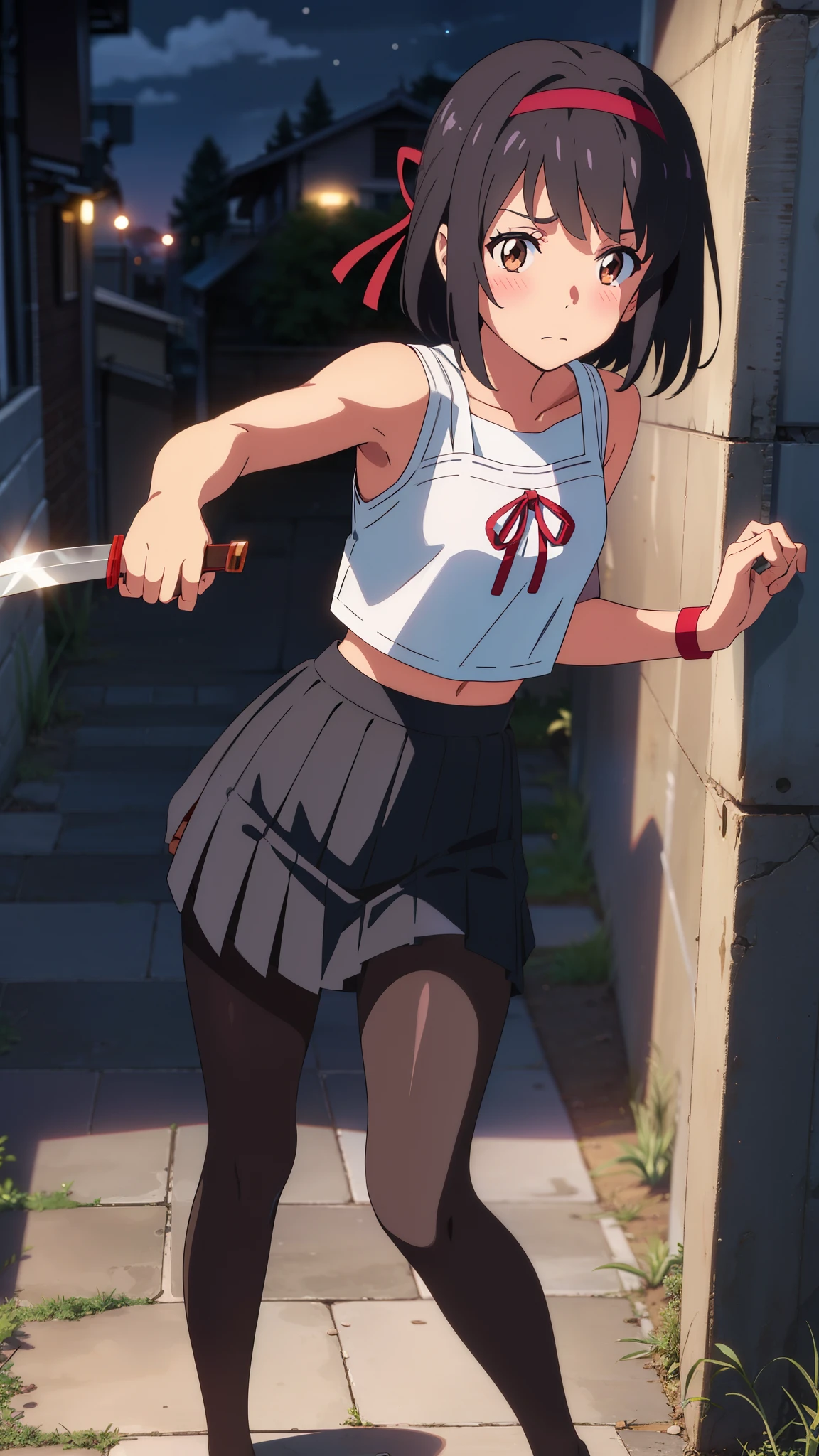 shinkai makoto, kimi no na wa., 1girl, bangs, black hair, blush, brown eyes, white crop top, bare shoulders, black pleated skirt, black pantyhose, red headband, red ribbon, short hair, cute, solo, looking at viewer, outdoors, alley, night, nightview, fighting stance, knife, holding knife in hand