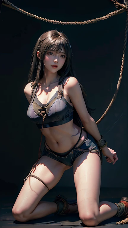 masterpiece, Highest quality, Very detailedな, To the camera, 複雑に詳細なVery detailedな, Realistic, Sharp features, Very detailed, Sharp focus, Perfect Face, Perfect symmetry and perfect eyes, Perfect Plump Lips, Flexible female form, Cinematic, Film Light, Very detailedな, hyper Realistic, masterpiece, Atmospheric, High resolution, Vibrant, Dynamic Studio Lighting, ((Dark Background)), The expression when enduring pleasure, Straight bangs, blue eyes,Sexually aroused expressions、Her black thong shorts are visible through the fabric、(((Restrained by rope))), (((Kneeling with your crotch open)))