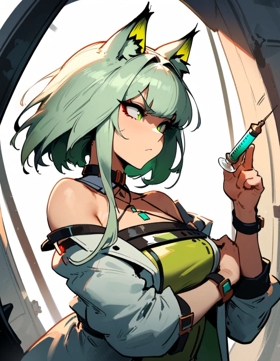 1girl, kal'tsit \(arknights\), arknights \\\\\ masterpiece, best quality, very aesthetic, absurdres, newest \\\\\\ slim body,///// ,by nyantcha,cutesexyrobutts , by khyle,,////// ,,,, , ,,detailed face, , ,, , , , , beautiful face, (white background:1.2), , sexy, , serious.angry, green eyes, animal ears, , ,,,big tits,), in the center of the frame,,, ,wears a lab coat, ,Holding a syringe , solo