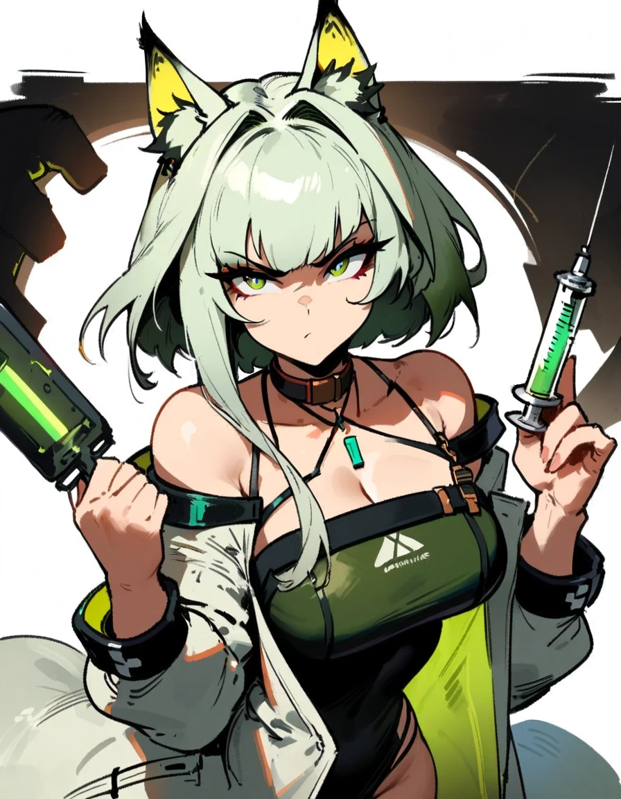 1girl, kal'tsit \(arknights\), arknights \\\\\ masterpiece, best quality, very aesthetic, absurdres, newest \\\\\\ slim body,///// ,by nyantcha,cutesexyrobutts , by khyle,,////// ,,,, , ,,detailed face, , ,, , , , , beautiful face, (white background:1.2), , sexy, , serious.angry, green eyes, animal ears, , ,,,big tits,), in the center of the frame,,, ,wears a lab coat, ,full body , solo,