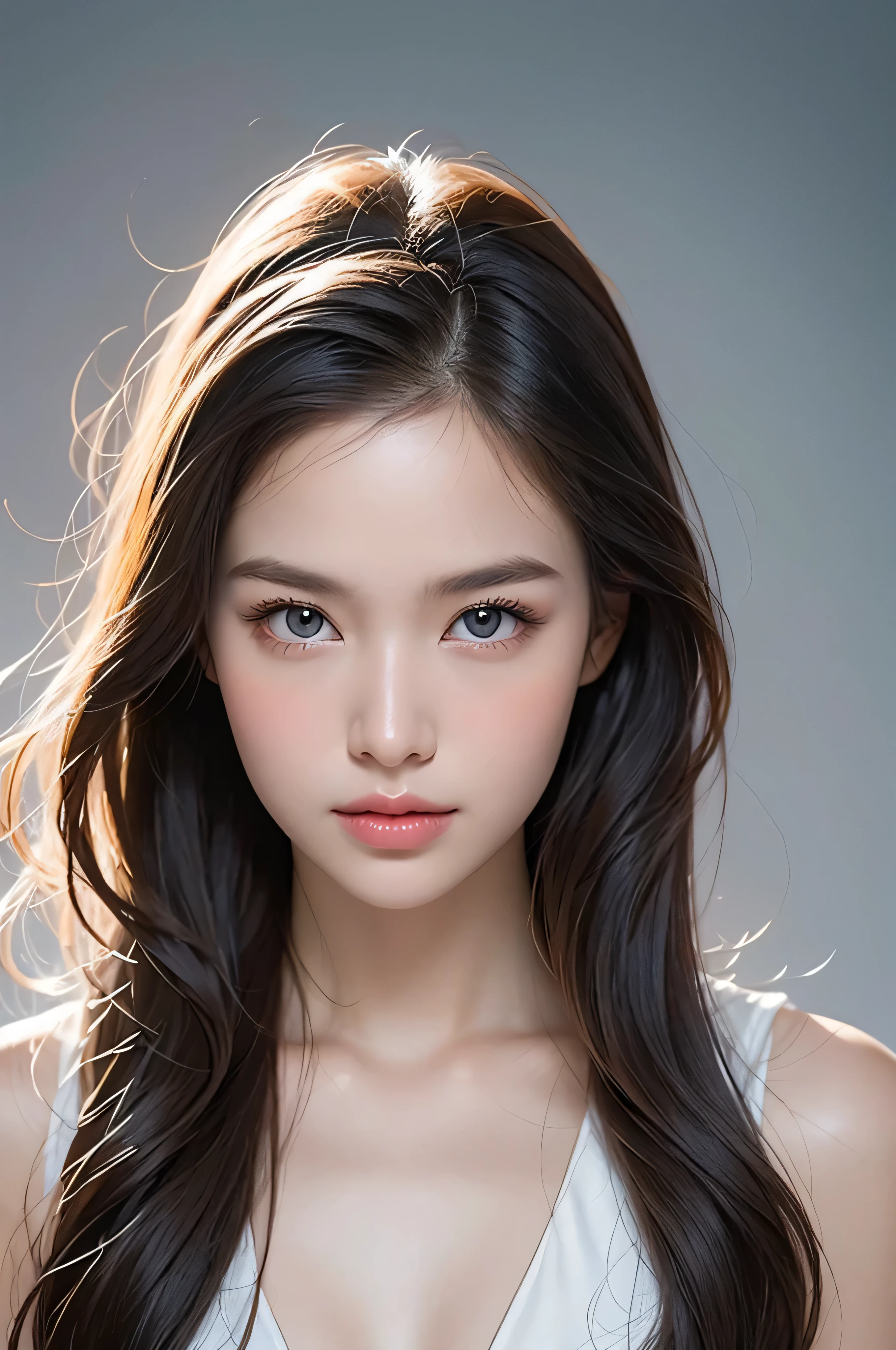 Create a full-frontal portrait of a whimsical, colorful woman reminiscent of the Moon Goddess. skin fair, young and delicate features, eyes wide open and with a very refined nose. long hair, Glossy, gravity-defying white in shades of light gray, white and azure. Hair turns into small shards of ice, creating a glacial illusion.