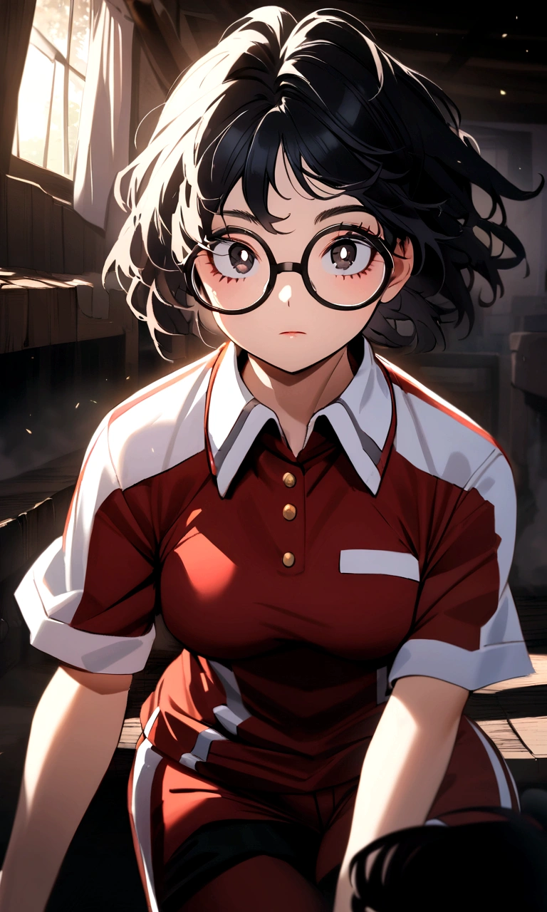 Create an image in the style of the anime boku no hero academia of a young girl with long, wavy black hair, black almond eyes, oval glasses and the U academy sports uniform.a.