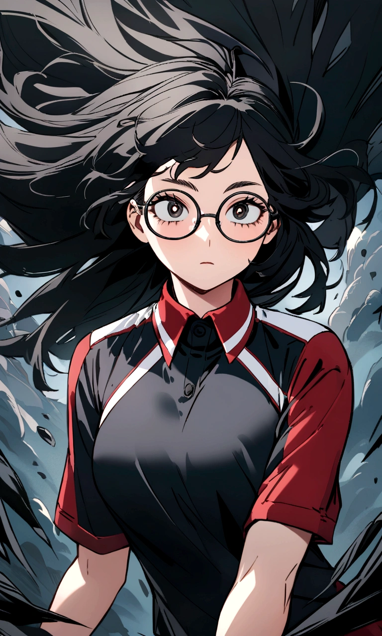Create an image in the style of the anime boku no hero academia of a young girl with long, wavy black hair, black almond eyes, oval glasses and the U academy sports uniform.a.