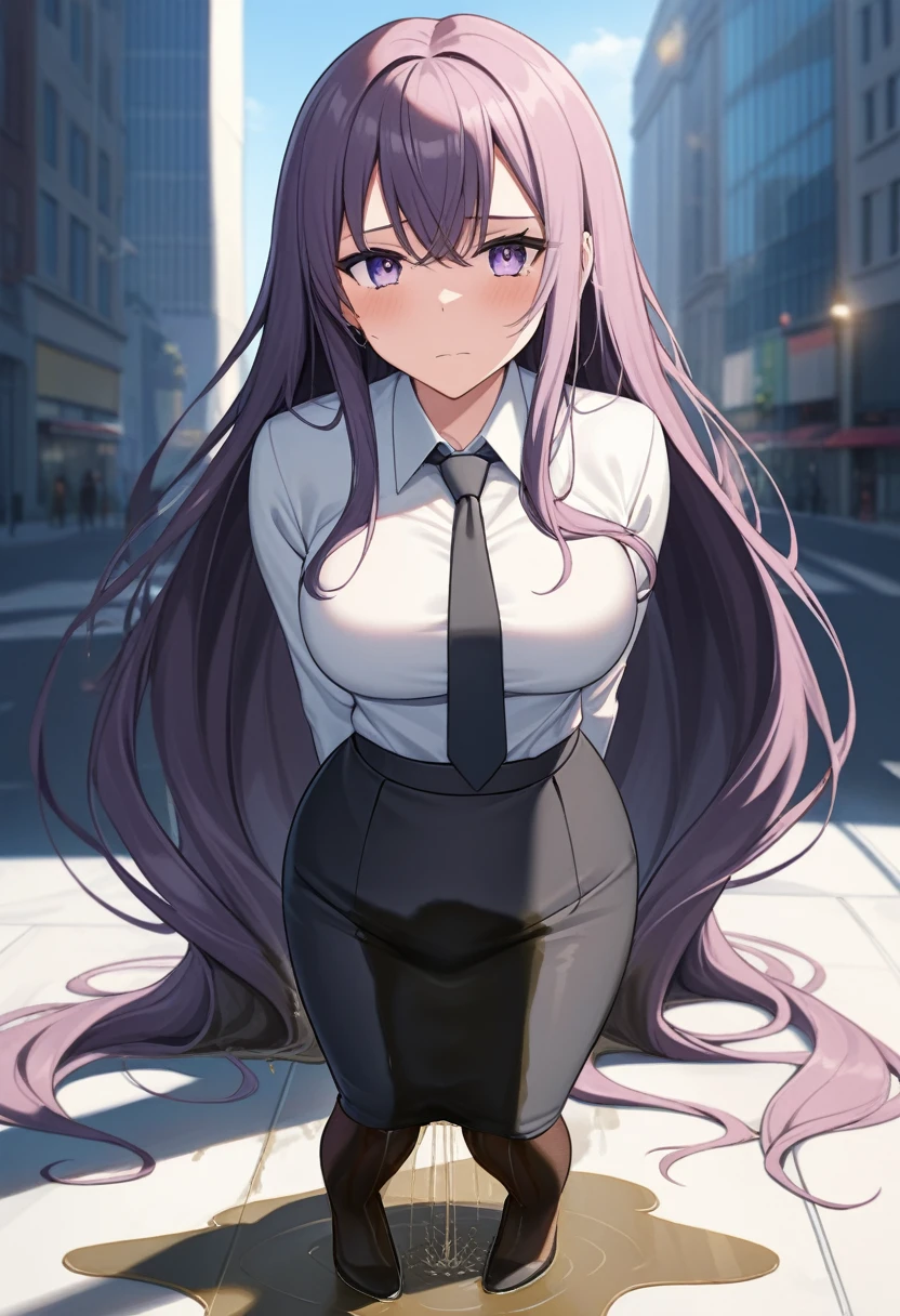 (masterpiece:1.37), best quality, (extremely detailed:1.37), office, window overlooking a bustling cityscape, woman, (mature:1.75), (adult:1.5), (very long hair:1.5), dark purple hair, purple eyes, (extremely detailed eyes:1.37), breasts, sunglasses, business suit, necktie, (very long pencil skirt:2.0), pantyhose, (wetting herself:2.0), standing straight, (desperation:2.0), full body day, daytime, glow, facing viewer, perfect composition, Perfect light and shadow, 8K