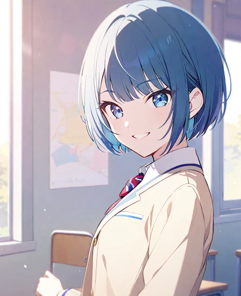 One girl,alone,kiritani haruka,Blue Hair,Blue Eyes,project sekai,Short Hair,cute,cute,smile,uniform,School classroom,
