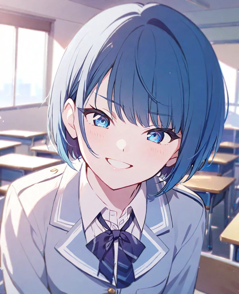 One girl,alone,kiritani haruka,Blue Hair,Blue Eyes,project sekai,Short Hair,cute,cute,smile,uniform,School classroom,