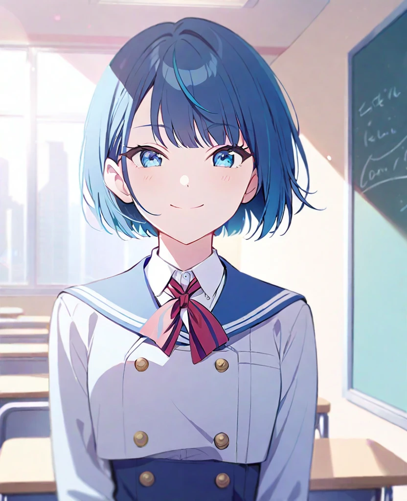 One girl,alone,kiritani haruka,Blue Hair,Blue Eyes,project sekai,Short Hair,cute,cute,smile,uniform,School classroom,