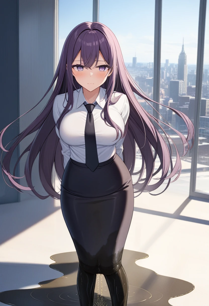 (masterpiece:1.37), best quality, (extremely detailed:1.37), office, window overlooking a bustling cityscape, woman, (mature:1.75), (adult:1.5), (very long hair:1.5), dark purple hair, purple eyes, (extremely detailed eyes:1.37), breasts, sunglasses, business suit, necktie, (very long pencil skirt:2.0), pantyhose, (wetting herself:2.0), standing straight, (desperation:2.0), full body day, daytime, glow, facing viewer, perfect composition, Perfect light and shadow, 8K