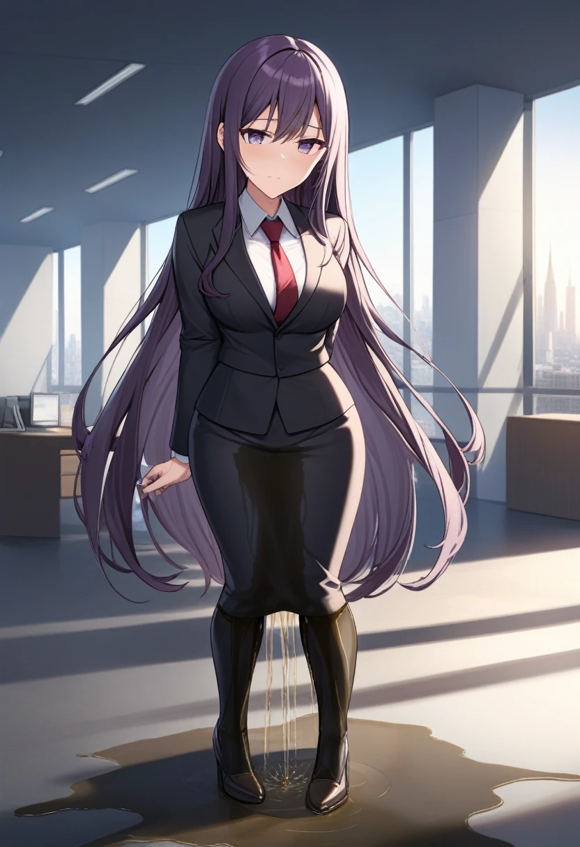 (masterpiece:1.37), best quality, (extremely detailed:1.37), office, window overlooking a bustling cityscape, woman, (mature:1.75), (adult:1.5), (very long hair:1.5), dark purple hair, purple eyes, (extremely detailed eyes:1.37), breasts, sunglasses, business suit, necktie, (very long pencil skirt:2.0), pantyhose, (wetting herself:2.0), standing straight, (desperation:2.0), full body day, daytime, glow, facing viewer, perfect composition, Perfect light and shadow, 8K