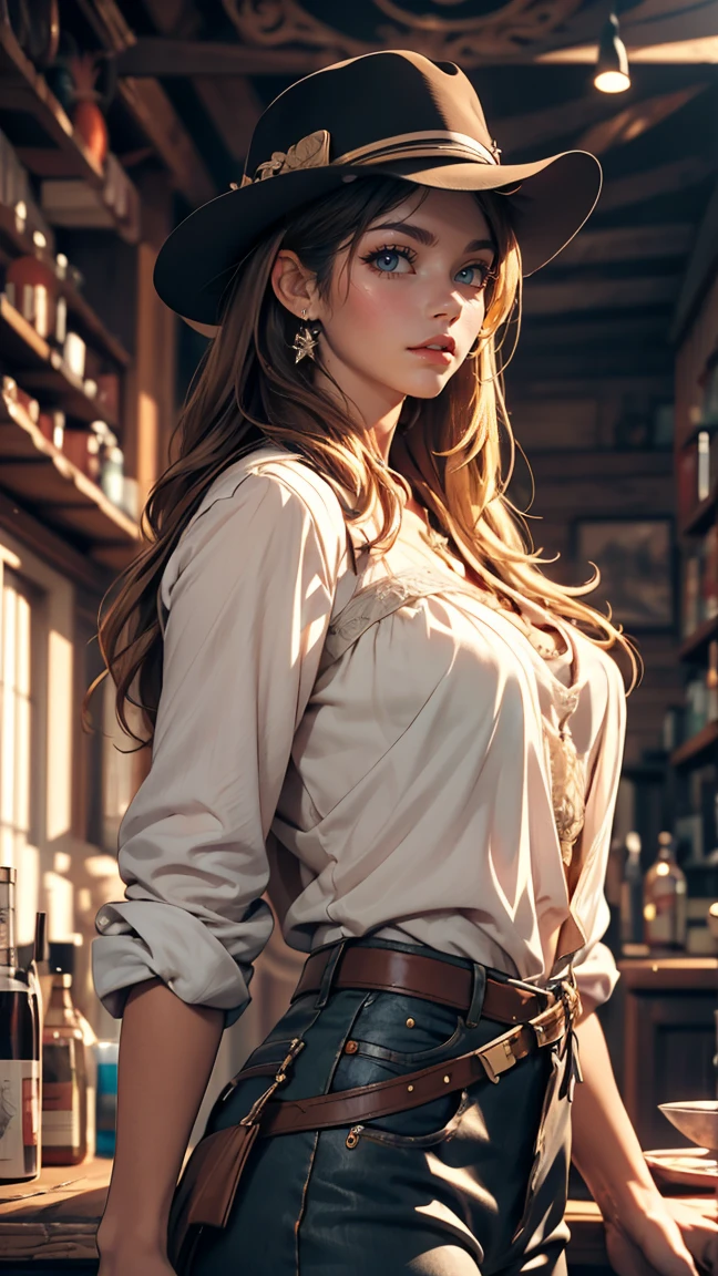 Western Cowboy Style, Cowgirl, photograph, Highest quality, Realistic, Realistic, Intricate details, (Fine details), (Intricate details), Cinematic Light, Highest quality backlight, Clear lines, 8K, Ultra-high resolution, PurerosFace_v1,