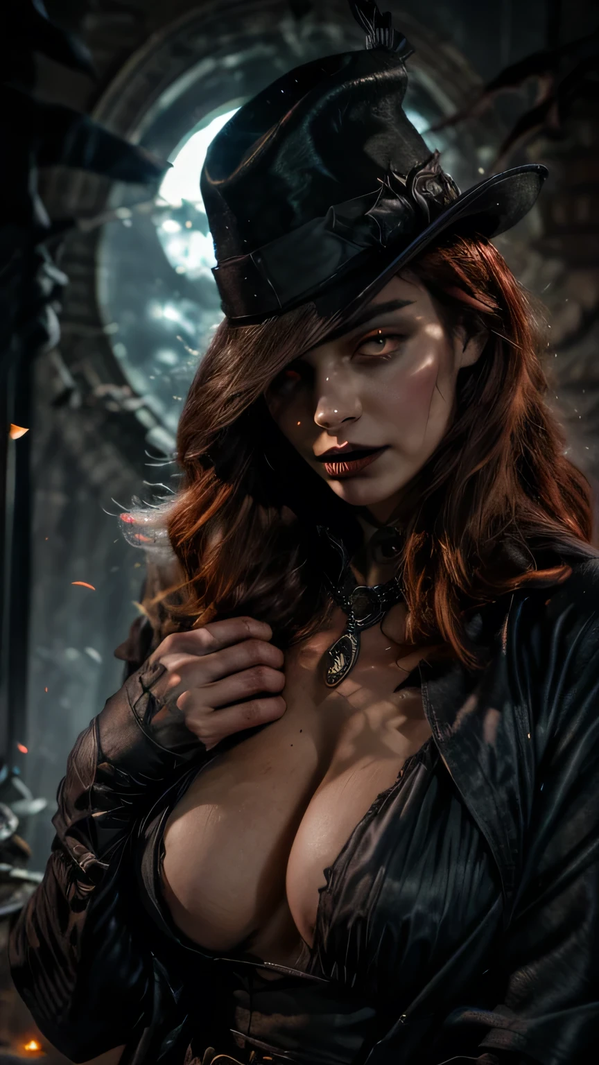 （comical，A high resolution，super-fine），（Vampireassive perfect breast,（((Red glowing eyes))）looks into camera，Evil eyes in the shadows，Clear facial features，（Top hat），Vampire fangs exposed，Wear gorgeous gothic dresses，red hair，rosette，Skull decoration，the bats，The body is surrounded by red mist，rays of moonlight，Kingly temperament，cinematic rim light，The light is delicate，tmasterpiece，ultra - detailed，Epic composition，Super HD，high qulity，HighestQuali，32K