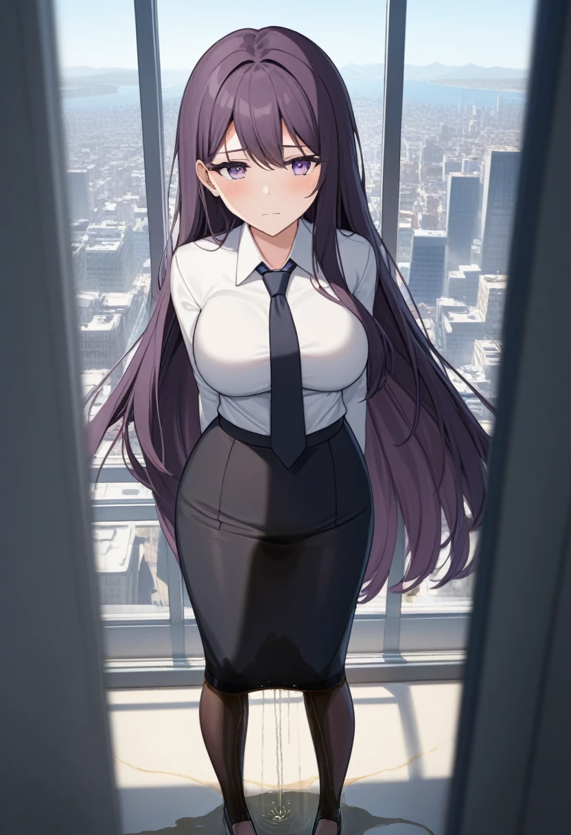 (masterpiece:1.37), best quality, (extremely detailed:1.37), office, window overlooking a bustling cityscape, woman, (mature:1.75), (adult:1.5), (very long hair:1.5), dark purple hair, purple eyes, (extremely detailed eyes:1.37), breasts, sunglasses, business suit, necktie, (very long pencil skirt:2.0), pantyhose, (wetting herself:2.0), standing straight, (desperation:2.0), full body day, daytime, glow, facing viewer, perfect composition, Perfect light and shadow, 8K