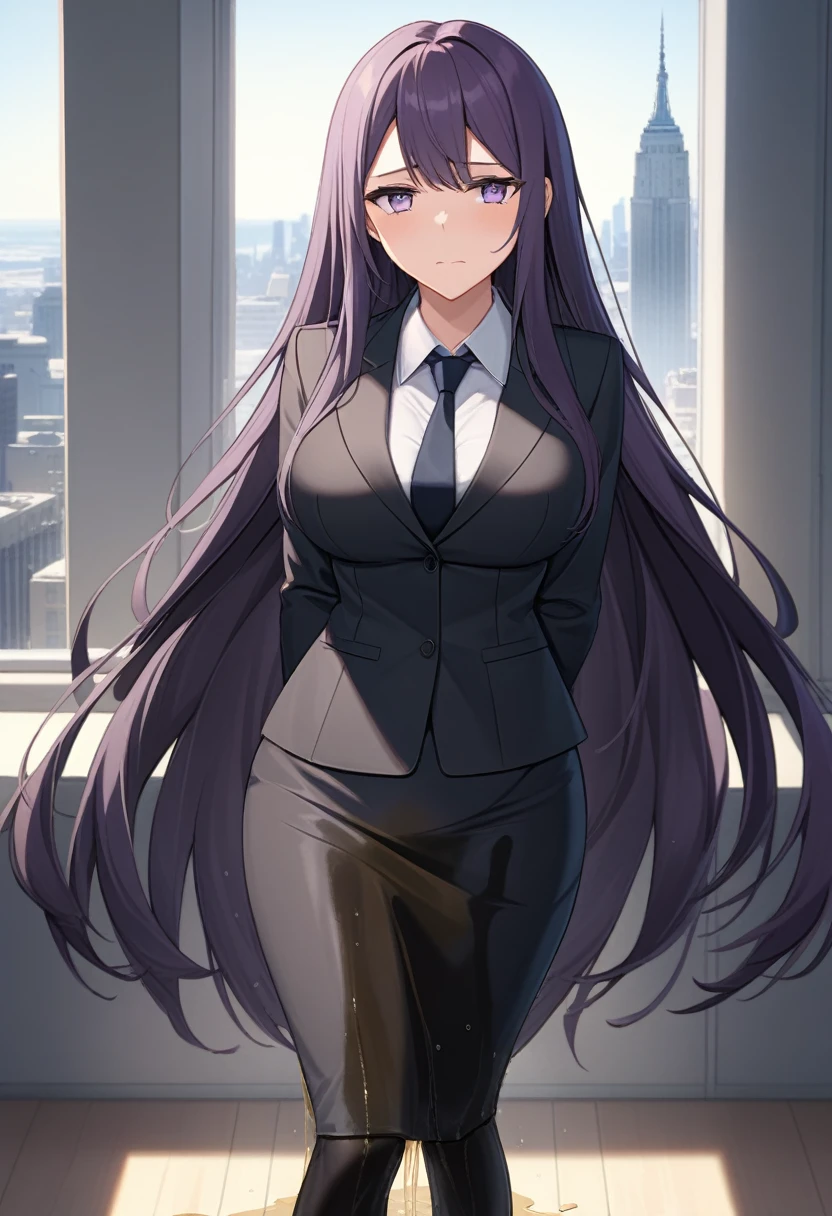 (masterpiece:1.37), best quality, (extremely detailed:1.37), office, window overlooking a bustling cityscape, woman, (mature:1.75), (adult:1.5), (very long hair:1.5), dark purple hair, purple eyes, (extremely detailed eyes:1.37), breasts, sunglasses, business suit, necktie, (very long pencil skirt:2.0), pantyhose, (wetting herself:2.0), standing straight, (desperation:2.0), full body day, daytime, glow, facing viewer, perfect composition, Perfect light and shadow, 8K