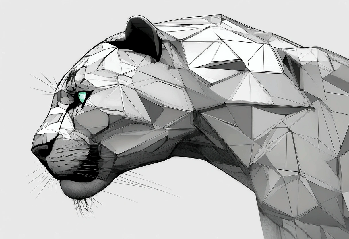 leopard with open mouth straight pencil strokes side view, sculpture made of steel sheets