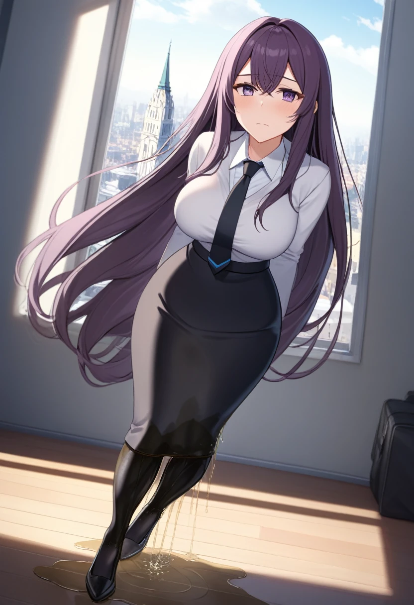 (masterpiece:1.37), best quality, (extremely detailed:1.37), office, window overlooking a bustling cityscape, woman, (mature:1.75), (adult:1.5), (very long hair:1.5), dark purple hair, purple eyes, (extremely detailed eyes:1.37), breasts, sunglasses, business suit, necktie, (very long pencil skirt:2.0), pantyhose, (wetting herself:2.0), standing straight, (desperation:2.0), full body day, daytime, glow, facing viewer, perfect composition, Perfect light and shadow, 8K