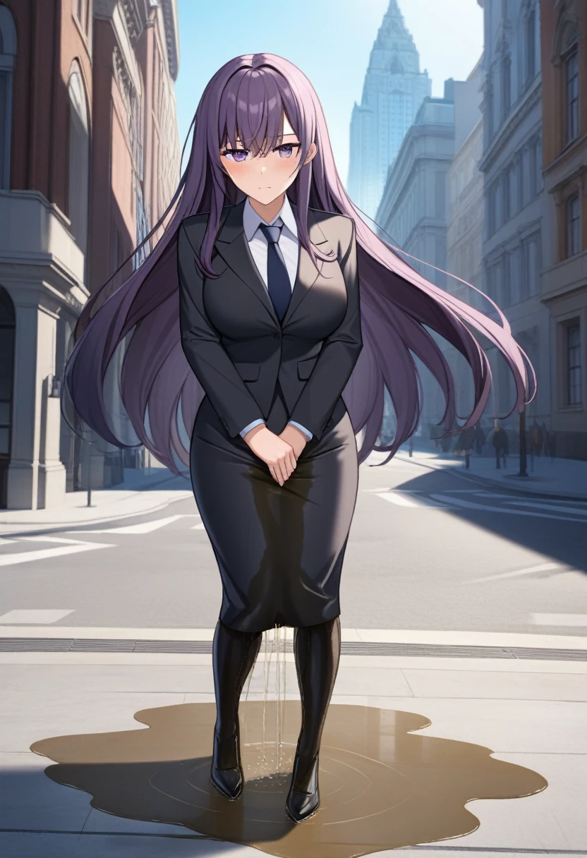 (masterpiece:1.37), best quality, (extremely detailed:1.37) woman, (adult:1.5), (very long hair:1.5), dark purple hair, purple eyes, (extremely detailed eyes:1.37), breasts, business suit, necktie, (very long pencil skirt:1.5), pantyhose, (wetting herself:2.0), standing straight, full body day, daytime, glow, facing viewer, perfect composition, full body, city, street