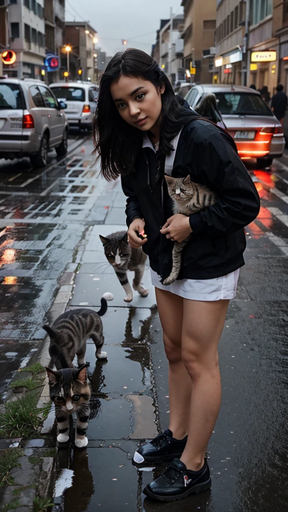 Kittens on the street, the sky is raining heavily