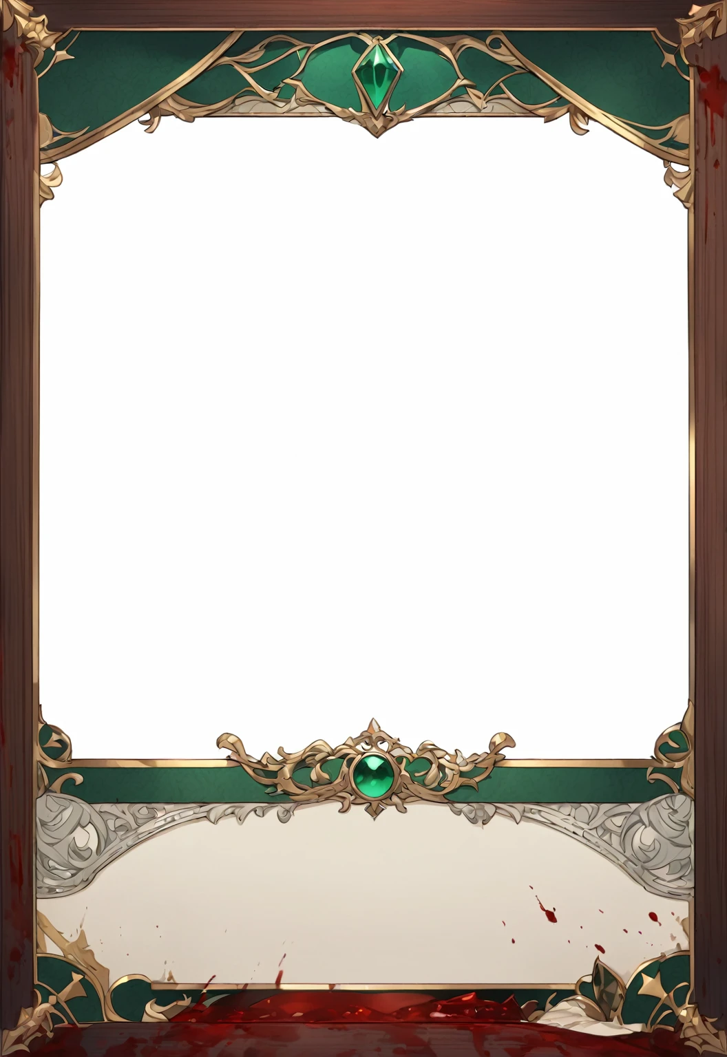 A card border UI,Medieval European aristocracy design,Noble and elegant dark style,Redwood frame,Parchment backing,There are blood stains on it。Deep Red、Emerald Green、Gold main tone。