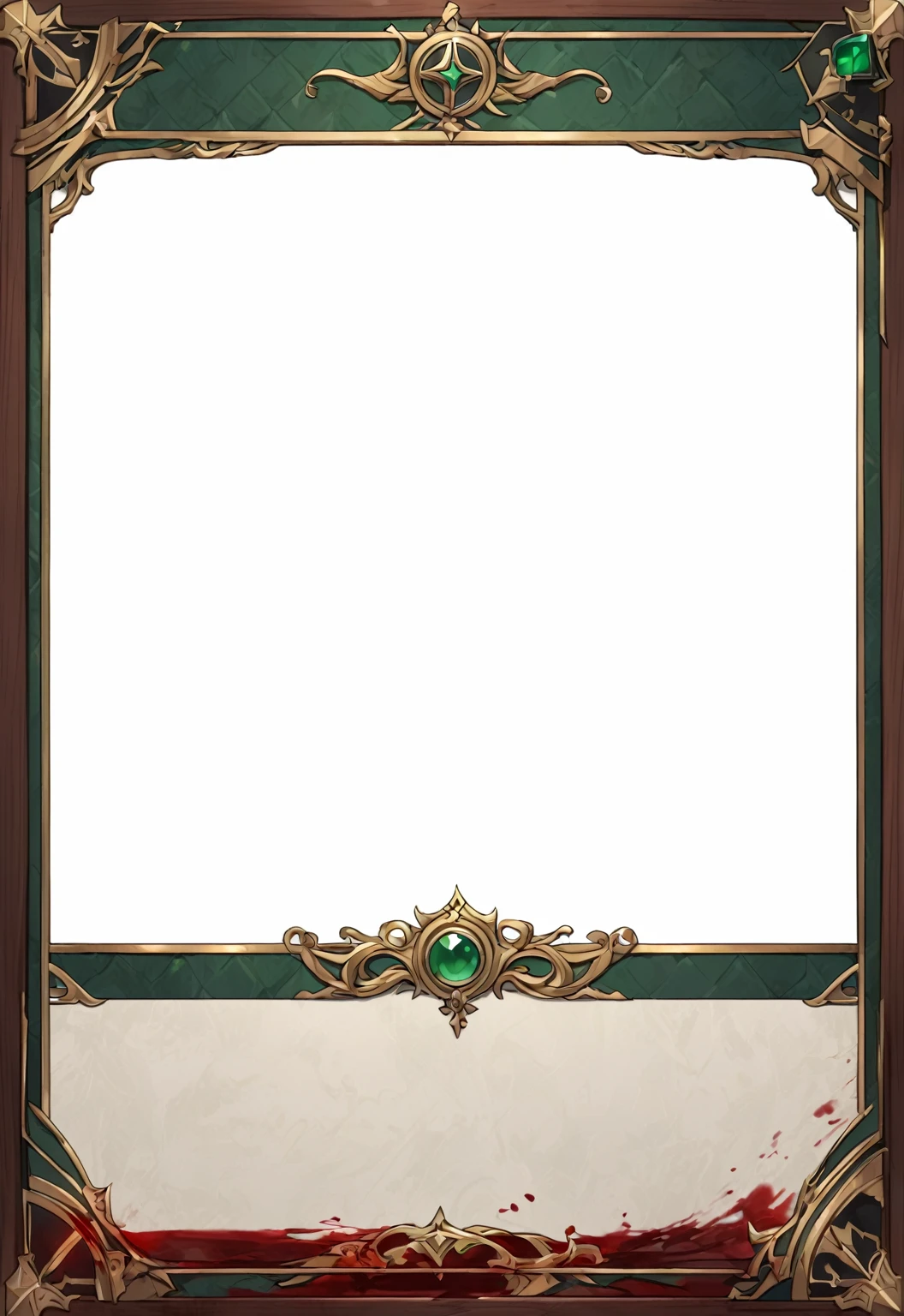 A card border UI，Medieval European aristocracy design，Noble and elegant dark style，Redwood frame，Parchment backing，There are blood stains on it。Deep Red、Emerald Green、Gold main tone。