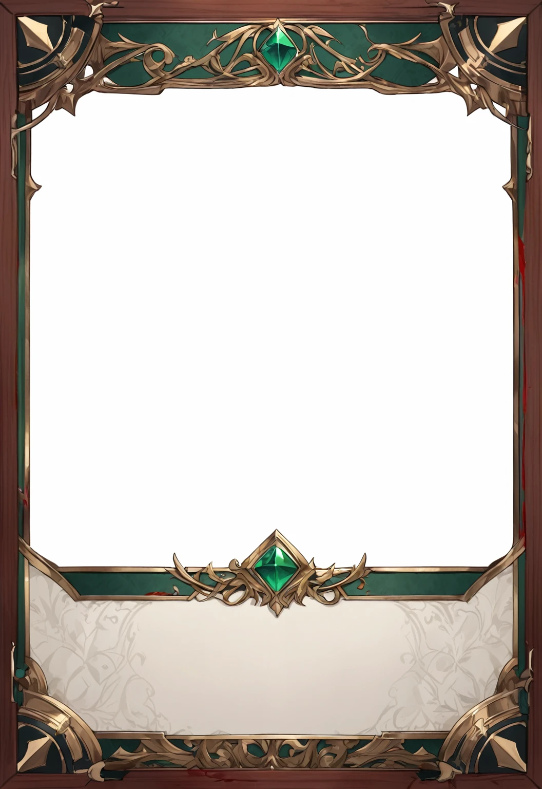 A card border UI,Medieval European aristocracy design,Noble and elegant dark style,Redwood frame,Parchment backing,There are blood stains on it。Deep Red、Emerald Green、Gold main tone。