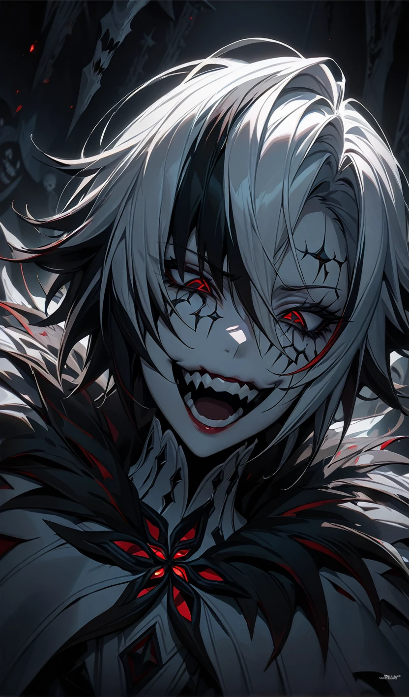 Arlecchino ,dark theme, nightmare, villian,(masterpiece), (best quality), ultra high res, professional artwork, ultra detailed, intricate, detailed face, perfect lighting, 1girl, scary face, laughing