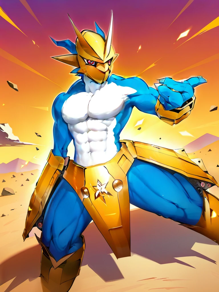 solo,angry ,Magnamon,tall,（musclar：1.5）,blue and white skin,(battle damaged:1.5),(topless Magnamon:2),(armor fragments:1.5),(shirtless:1.5), fighting_stance, in desert ,full_shot
