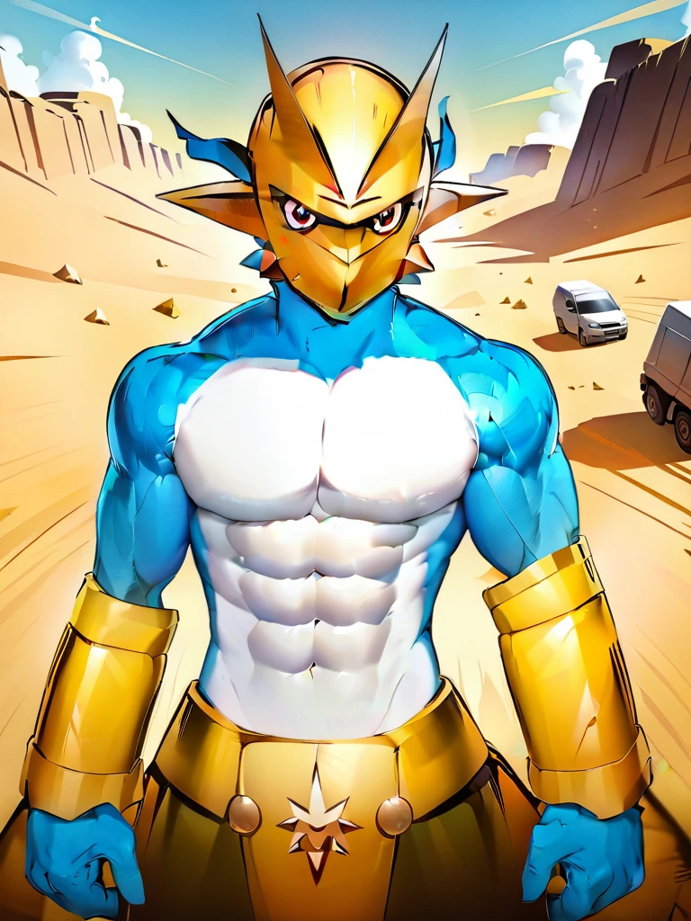 solo,angry ,Magnamon,tall,（musclar：1.5）,blue and white skin,(battle damaged:1.5),(topless Magnamon:2),(armor fragments:1.5),(shirtless:1.5), fighting_stance, in desert ,full_shot
