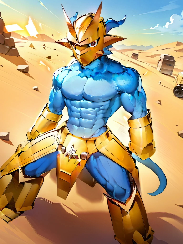 solo,angry ,Magnamon,tall,（musclar：1.5）,blue and white skin,(battle damaged:1.5),(topless Magnamon:2),(armor fragments:1.5),(shirtless:1.5), fighting_stance, in desert ,full_shot
