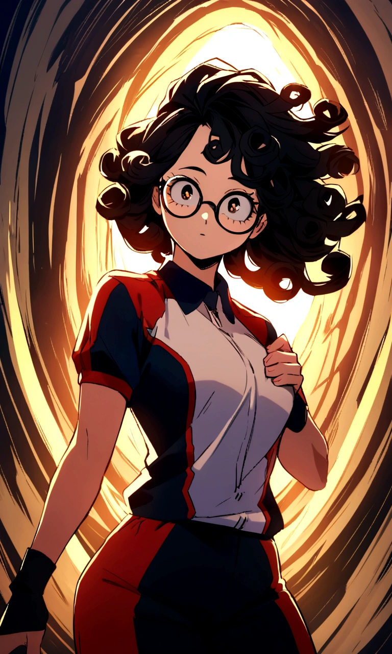 Create an image in the style of the anime boku no hero academia, a young girl with long curly black hair, black almond eyes, oval glasses and the sports uniform of the academy from the anime boku no hero academia