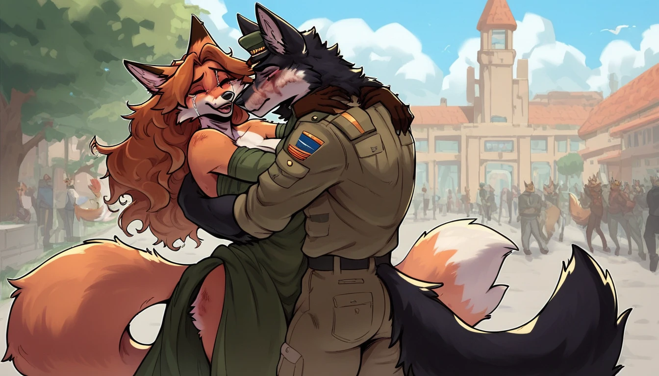 score_9, score_8_up, score_7_up, city, town park square, daytime, crowd on background, sunny, happy, joyful, love, reunion, face to face, (kissing:0.5)

((fox:1.2), anthro, female, dark brown fur, long flowing hair, beautiful, wearing a dress, crying tears of joy, hugging, being lifted)

((wolf:1.2), anthro, male, black fur, (scars, wounds), (wearing a military uniform, pants and hat), strong, lifting, loving expression)