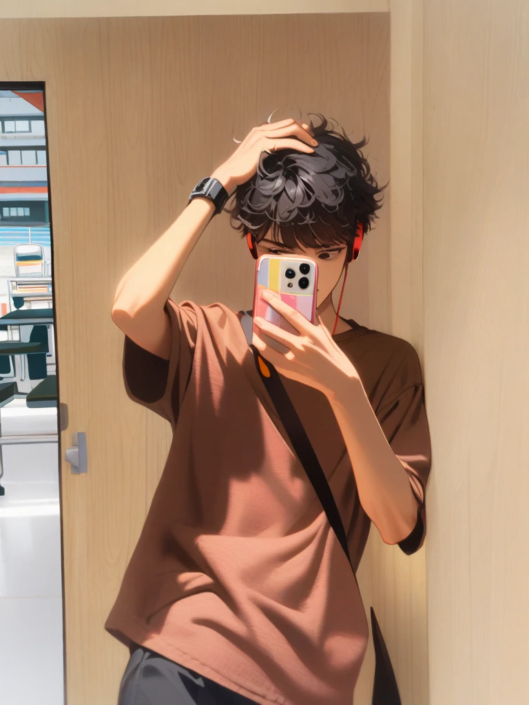 one man, black eye, black hair, short hair with bangs, messy hair, Wearing a black shirt and black pants, , Playing on the phone, Standing near the window, classroom, red headphones, concentrated, beautiful hands, Gentle tones