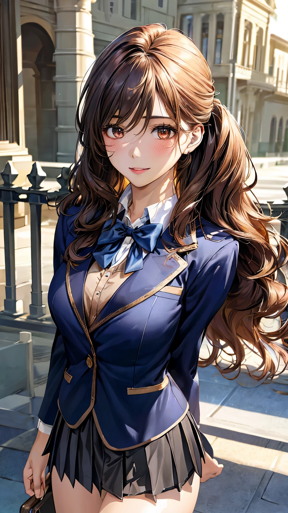 (masterpiece:1.3, top-quality, ultra high res, ultra detailed), (realistic, photorealistic:1.4), beautiful illustration, perfect lighting, natural lighting, colorful, depth of fields, ,
beautiful detailed hair, beautiful detailed face, beautiful detailed eyes, beautiful clavicle, beautiful body, beautiful chest, beautiful thigh, beautiful legs, beautiful fingers, shiny skin,
looking at viewer, 1 girl, high school girl, (perfect ???????, anatomically correct, super detailed skin), cute and symmetrical face, , perfect face, perfect eyes, ,
(long hair:1.4, wavy hair, half updo, bronze hair), hair between eyes, gold eyes, big eyes, long eye lasher, (medium breasts, seductive thighs), slender, skin dendation,
detailed cloth texture, (navy blazer:1.2, dark grey pleated skirt:1.2), white collared shirt, blue bow tie,
(beautiful scenery), , evening, (school gate:1.2), standing, (lovely smile, upper eyes, parted lips),