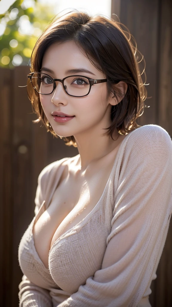 photo-realistic, surreal, cinematic lighting, 32K, 1 girl, look up, Backlight, (bright light:1.2), (Improvement of quality:1.4), (Highest quality realistic textured skin:1.4), detailed eyes, detailed face, short hair, ,cowgirl position,from below,sweat,wet, (Enhances the beauty of skin texture:1.1), matte texture, blush, sweat, open mouth, parted lips, seductive smile, (Big face and big breasts:1.3), ((Simple and stylish glasses))