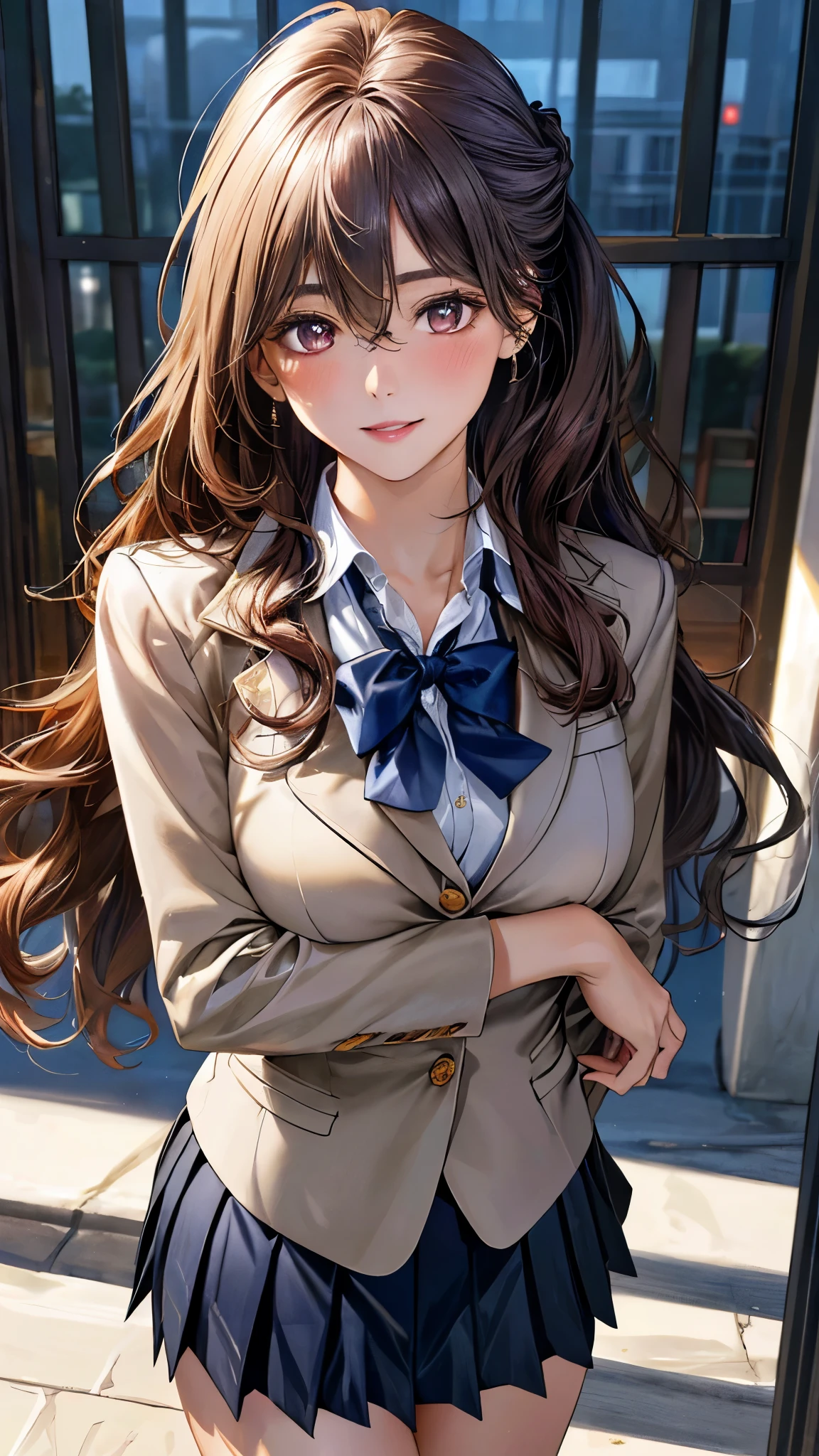 (masterpiece:1.3, top-quality, ultra high res, ultra detailed), (realistic, photorealistic:1.4), beautiful illustration, perfect lighting, natural lighting, colorful, depth of fields, ,
beautiful detailed hair, beautiful detailed face, beautiful detailed eyes, beautiful clavicle, beautiful body, beautiful chest, beautiful thigh, beautiful legs, beautiful fingers, shiny skin,
looking at viewer, 1 girl, high school girl, (perfect anatomy, anatomically correct, super detailed skin), cute and symmetrical face, , perfect face, perfect eyes, ,
(long hair:1.4, wavy hair, half updo, bronze hair), hair between eyes, gold eyes, big eyes, long eye lasher, (medium breasts, seductive thighs), slender, skin dendation,
detailed cloth texture, (navy blazer:1.2, dark grey pleated skirt:1.2), white collared shirt, blue bow tie,
(beautiful scenery), , evening, (school gate:1.2), standing, (lovely smile, upper eyes, parted lips),