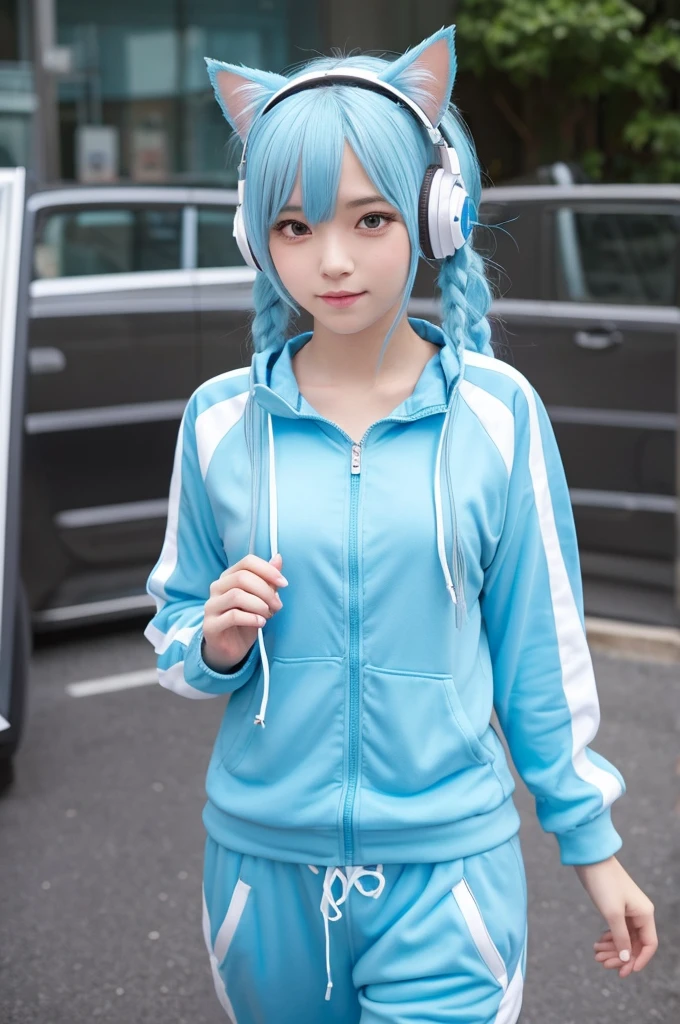 A cute girl with light blue hair in twin tails, wearing a tracksuit and cat ears and headphones. Draw her whole body so you can see it.