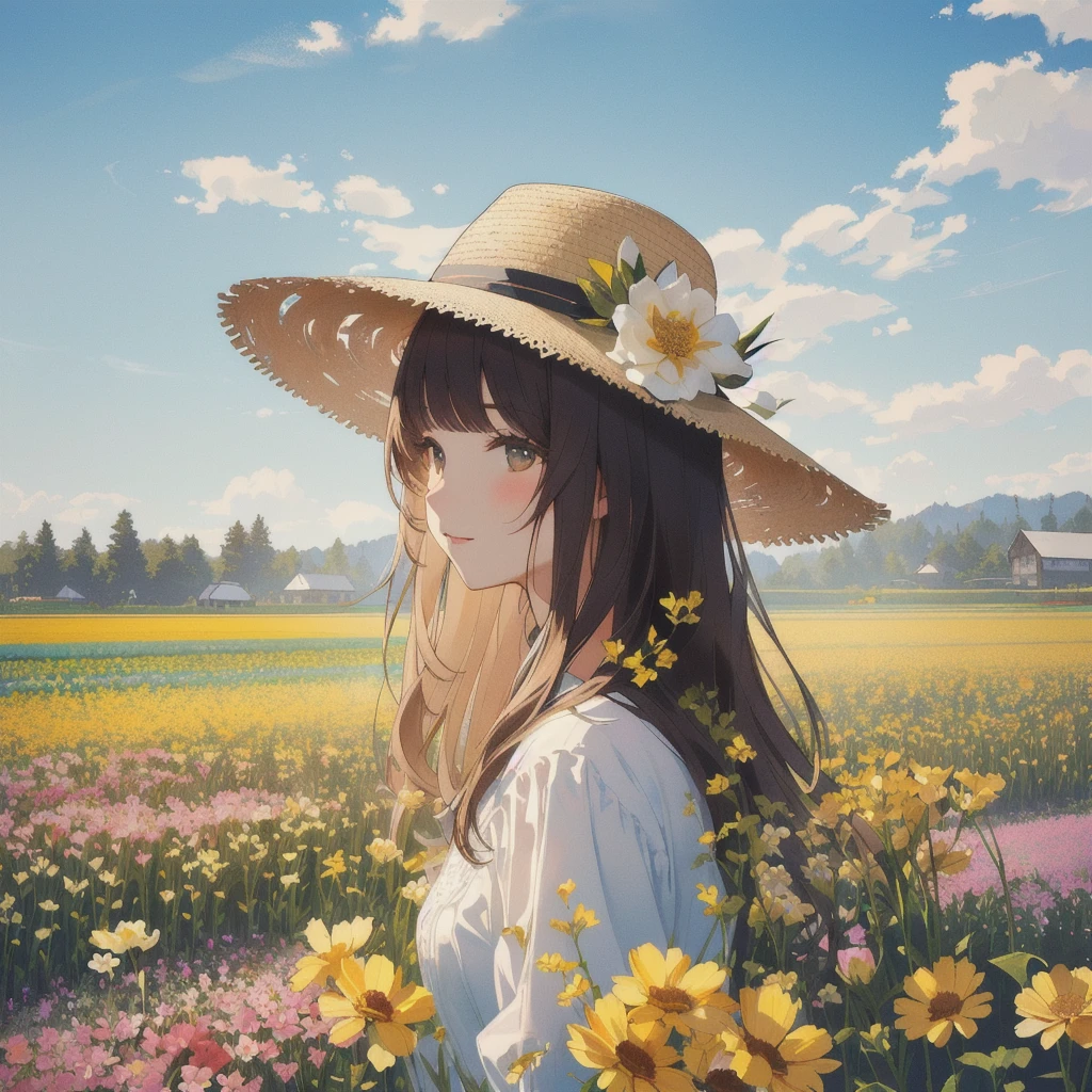 double exposure、there is a woman in a hat standing In the flower field, Straw hat beauty、Girl in the flower garden, woman in flowers, In the flower field, a girl floating in a flower field, Girl in Flowers, Portrait of Karan, Girl standing in a flower field,
