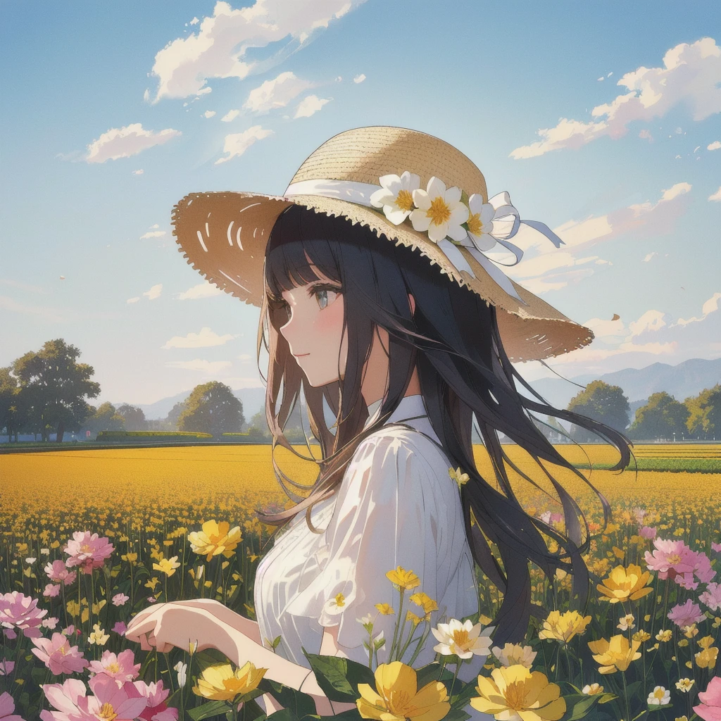 double exposure、there is a woman in a hat standing In the flower field, Straw hat beauty、Girl in the flower garden, woman in flowers, In the flower field, a girl floating in a flower field, Girl in Flowers, Portrait of Karan, Girl standing in a flower field, 