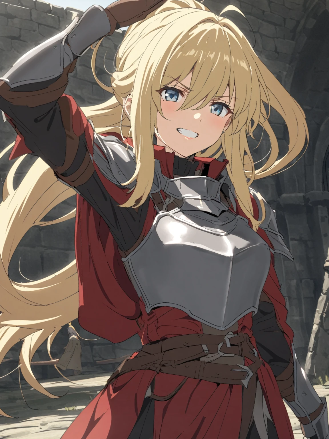 {{upper body, dutch angle}} {{Artist: sincos}} 1girl, blond hair, hair between eyes, light blue eyes, long bangs, long hair, medium breasts, grin, black glasses, iron armor, full armor, shoulder armor, red shoulder cape, red overcoat, ponytail, grey chestplate, long sleeves, salute, mature woman, tall woman, lips, pov, medieval fantasy.
