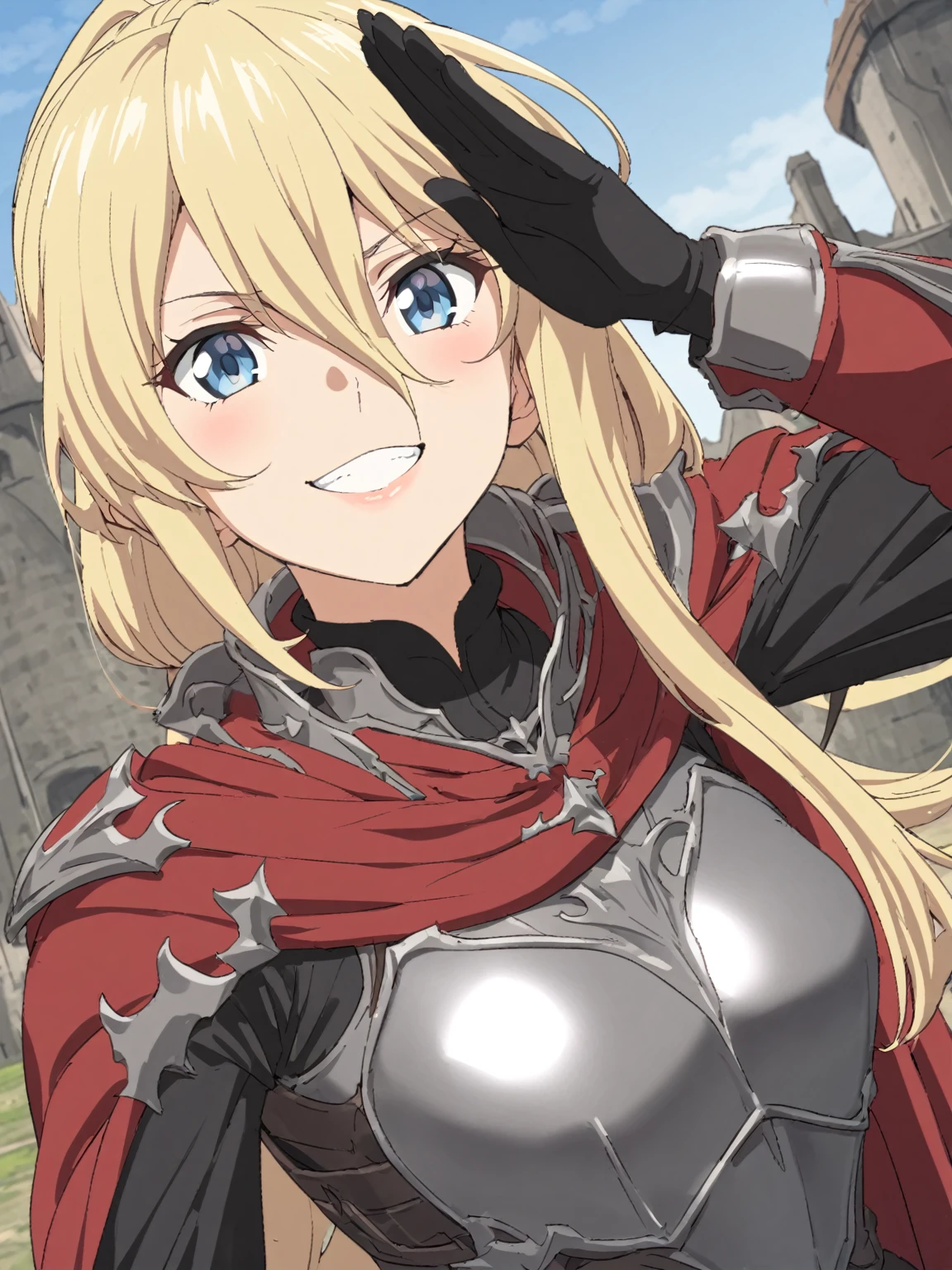 {{upper body, dutch angle}} {{Artist: sincos}} 1girl, blond hair, hair between eyes, light blue eyes, long bangs, long hair, medium breasts, grin, black glasses, iron armor, full armor, shoulder armor, red shoulder cape, red overcoat, ponytail, grey chestplate, long sleeves, salute, mature woman, tall woman, lips, pov, medieval fantasy.