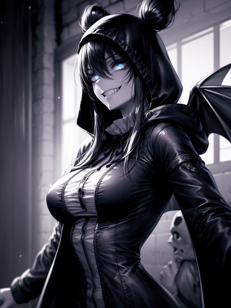 score_9, score_8_up,score_7_up, source_anime, rating_questionable, 1girl, solo,EPpkNessa, blue eyes, black hair, blue hair, streaked hair, single hair bun, dark skin, dark-skinned female, large breasts, edgWraith, hooded cloak, armor, torn clothes, pale blue ,wearing edgWraith , black lips, black eyeshadow, black fingernails, black leather, night, alley, empty street, full moon, bat \(animal\), eldritch abomination, green energy, malevolent forces, evil necromancer, sinister, diabolical, nefarious, vicious, blood, blood splatter, blood stain, fangs, sharp teeth, grin, crazy eyes, crazy smile, monochrome, greyscale, manga, multiple views,