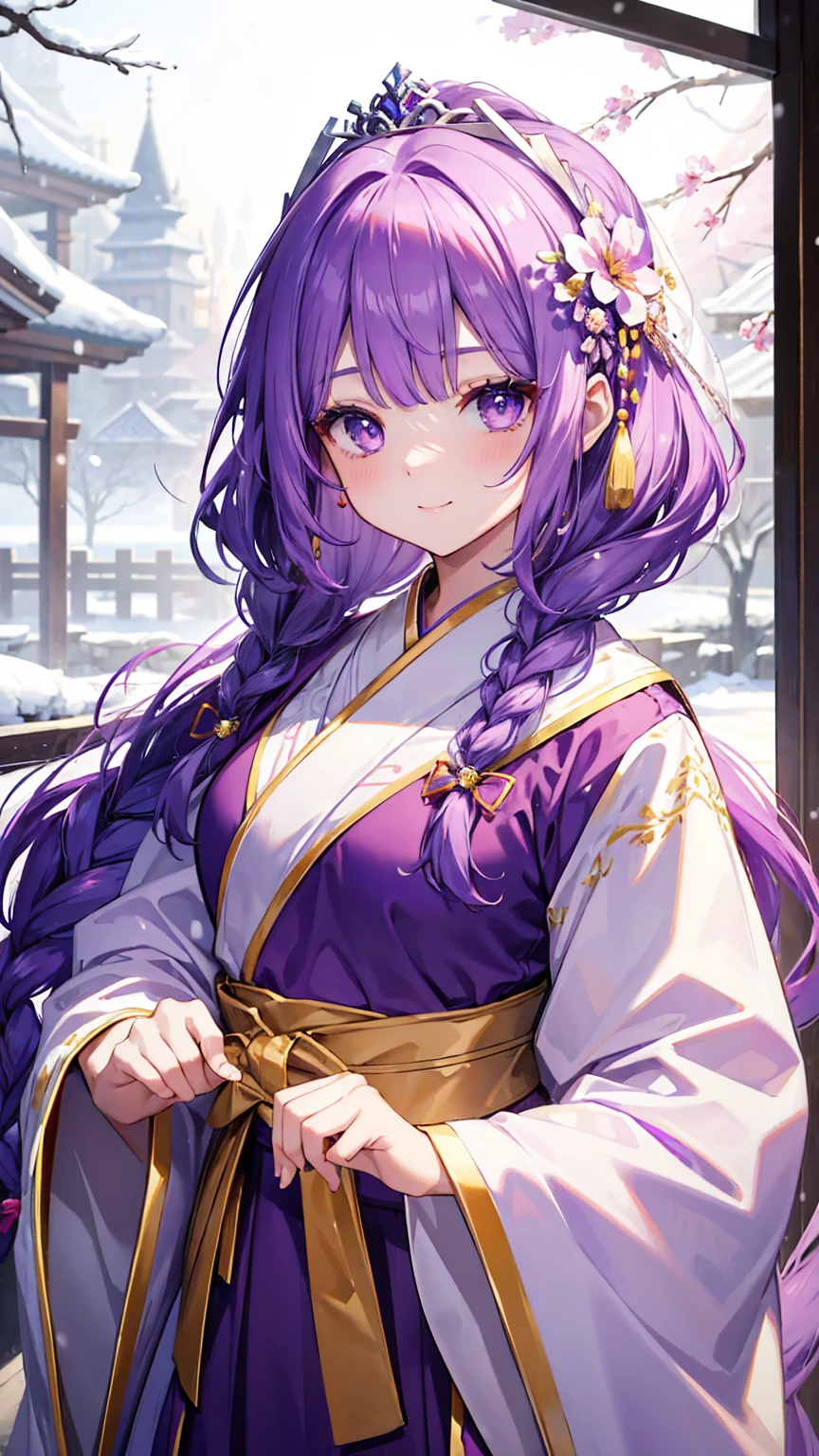 Bright purple robe, Hanfu long skirt, big eyes, masterpiece absolutely beautiful, 1 female, close up. close up, healing smile, Snow Scene, 4K quality, Twist Braid, Princess Hairstyle Princess Haircut, simple hair accessories, plum bossom, People cannot forget its beauty when they see it