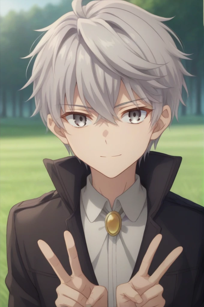 score_9, score_8_up, score_7_up, source_anime, rating_safe, intricate details, , looking at viewer, , 1boy, solo, male focus, lugh_tuatha_de, grey hair, grey eyes, short hair, hair between eyes, bangs, asymmetrical,smile, grass, tree, day, v, peace sign, sad, , 