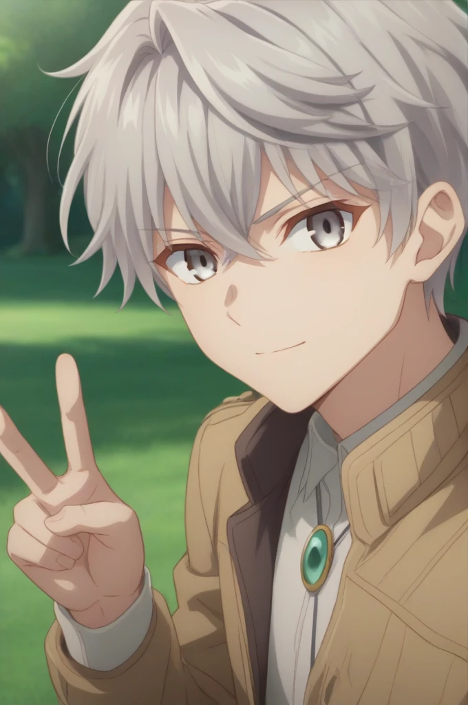 score_9, score_8_up, score_7_up, source_anime, rating_safe, intricate details, , looking at viewer, , 1boy, solo, male focus, lugh_tuatha_de, grey hair, grey eyes, short hair, hair between eyes, bangs, asymmetrical,smile, grass, tree, day, v, peace sign, sad, , 