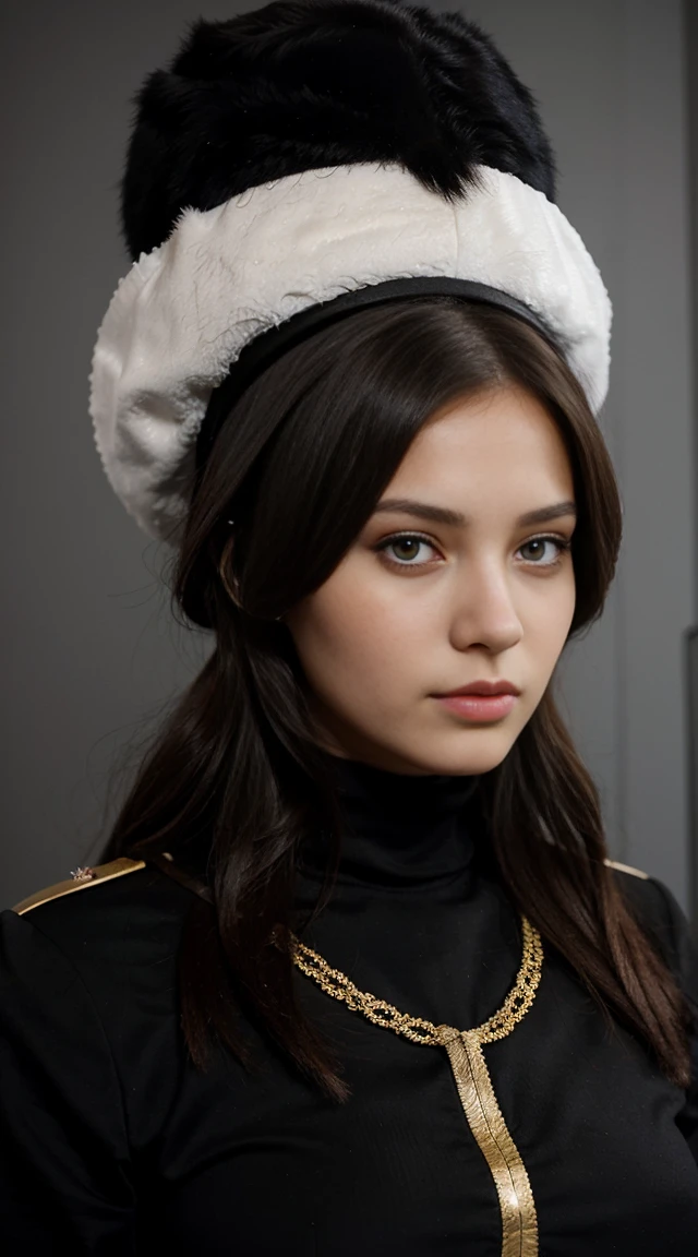 1fille, beautiful 23 year old Russian woman, black har, des yeux noisette, revolutionary outfit, head of'perfect work