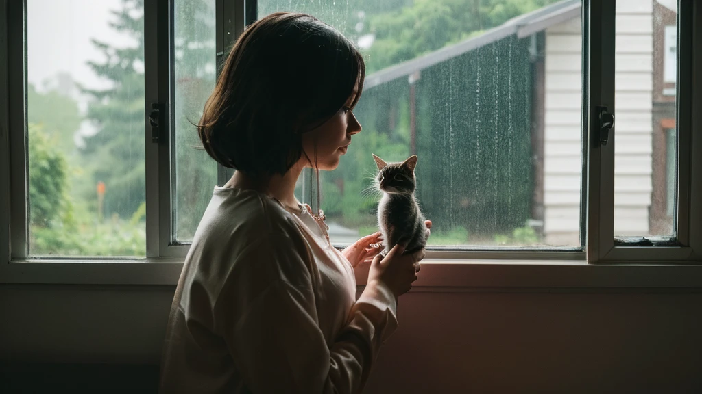 Kitten looking outside at a rainy window