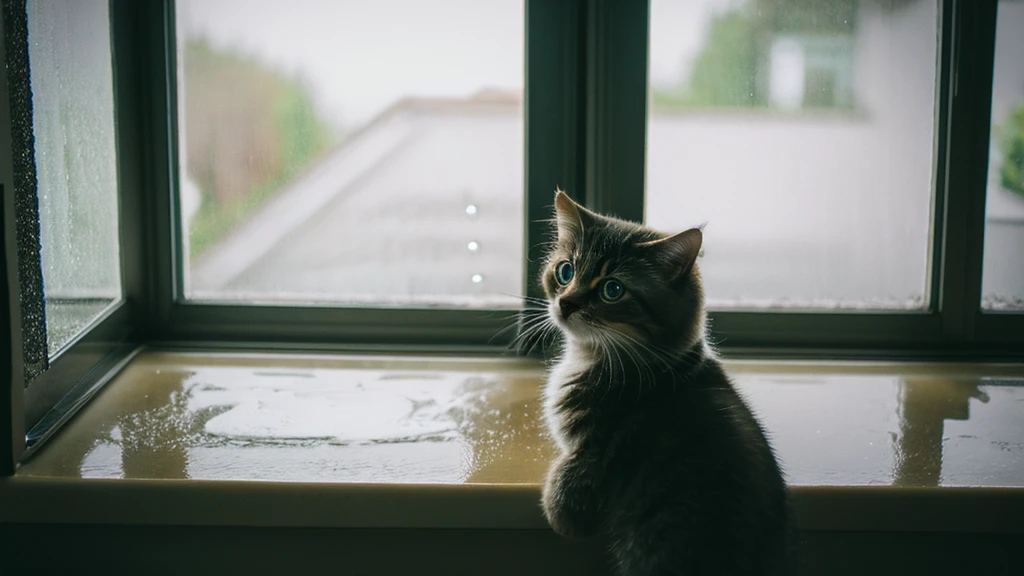 Kitten looking outside at a rainy window