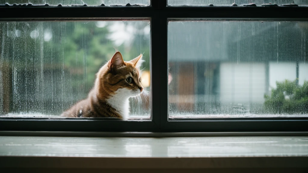 Kitten looking outside at a rainy window
