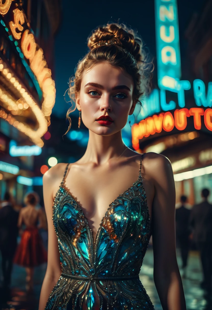 A masterpiece, 8k, beautiful girl in her 20s, delicate face and light blue eyes, short hair, highlights on her face, discreet tiara, silver earrings, short strappy dress in red iridescent Lamê, intricate and detailed, stockings red nylon ((in full length)), New York street, movement of people and cars, hypnotizes the background illuminated by colorful and neon lights. HDR.